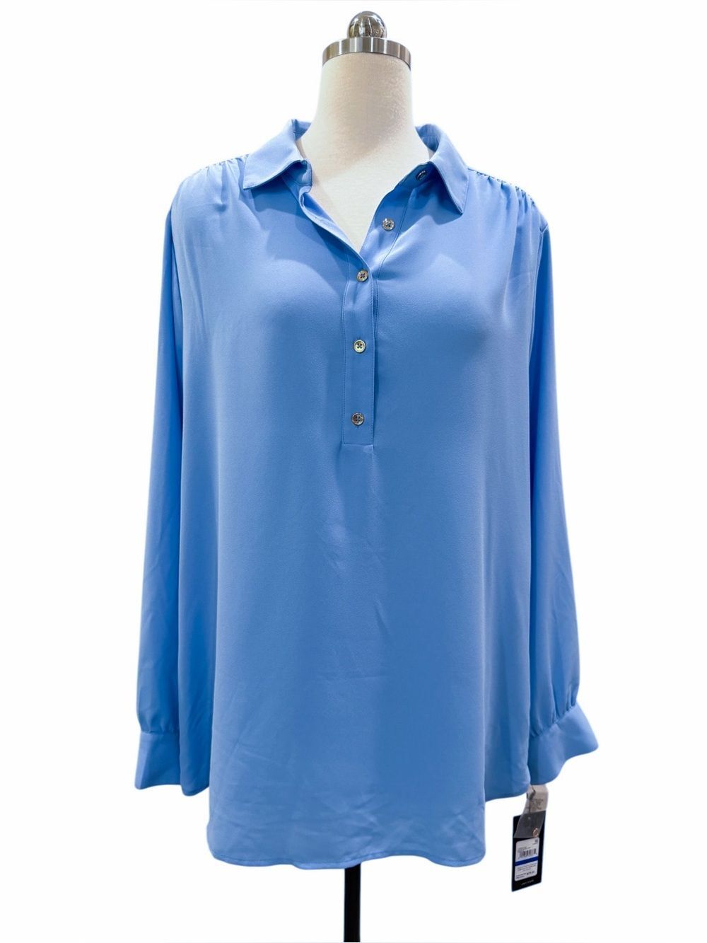 Jones New York Side Button Popover Tunic Blouse Shirttail Hem Blue XL NEW